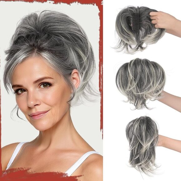 Claw Clip Ponytail Extension Synthetic Straight Salt & Pepper DIY Hair Bun